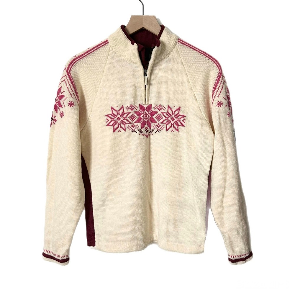 Dale of Norway Womens Merino Wool Quarter Zip Nordic Snowflake Sweater Cream Med